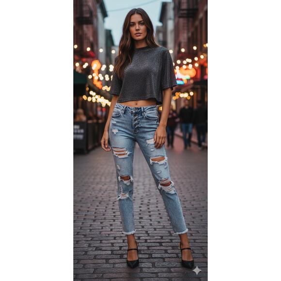 KanCan Womens 9/28 Collie High Rise Distressed Ripped Grunge Punk Mom Blue Jeans - Picture 2 of 10